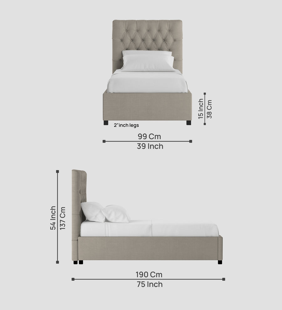 Isko Fabric Upholstered Single Size Bed In Ash Grey Colour With Box Storage - Febonic Living