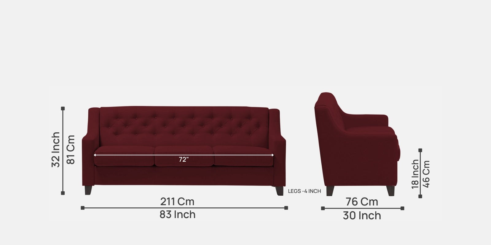 Baidy Fabric 3 Seater Sofa in Blood Maroon Colour