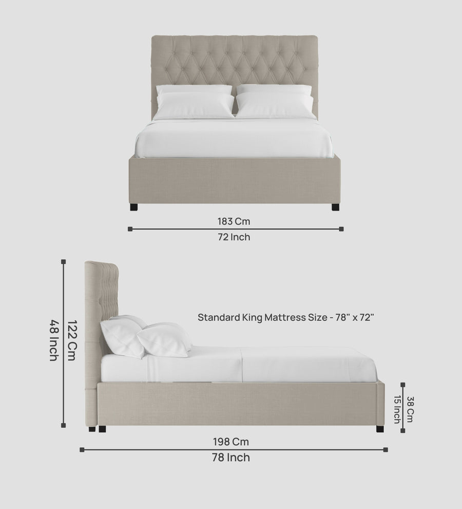 Isko Fabric Upholstered King Size Bed In Ash Grey Colour With Box Storage - Febonic Living