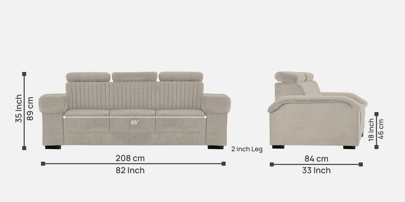 Draco Fabric 3 Seater Sofa In Ash Grey Colour - Febonic Living