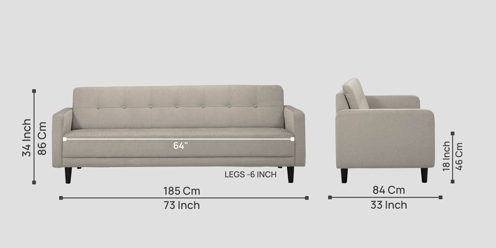 Noha Fabric 3 Seater Sofa In Ash Grey Colour