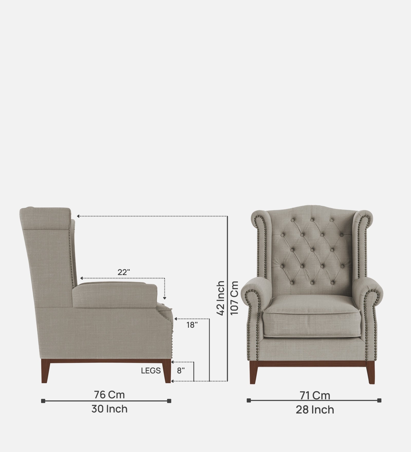 Nory Fabric 1 Seater Wing Chair in Ash Grey Colour