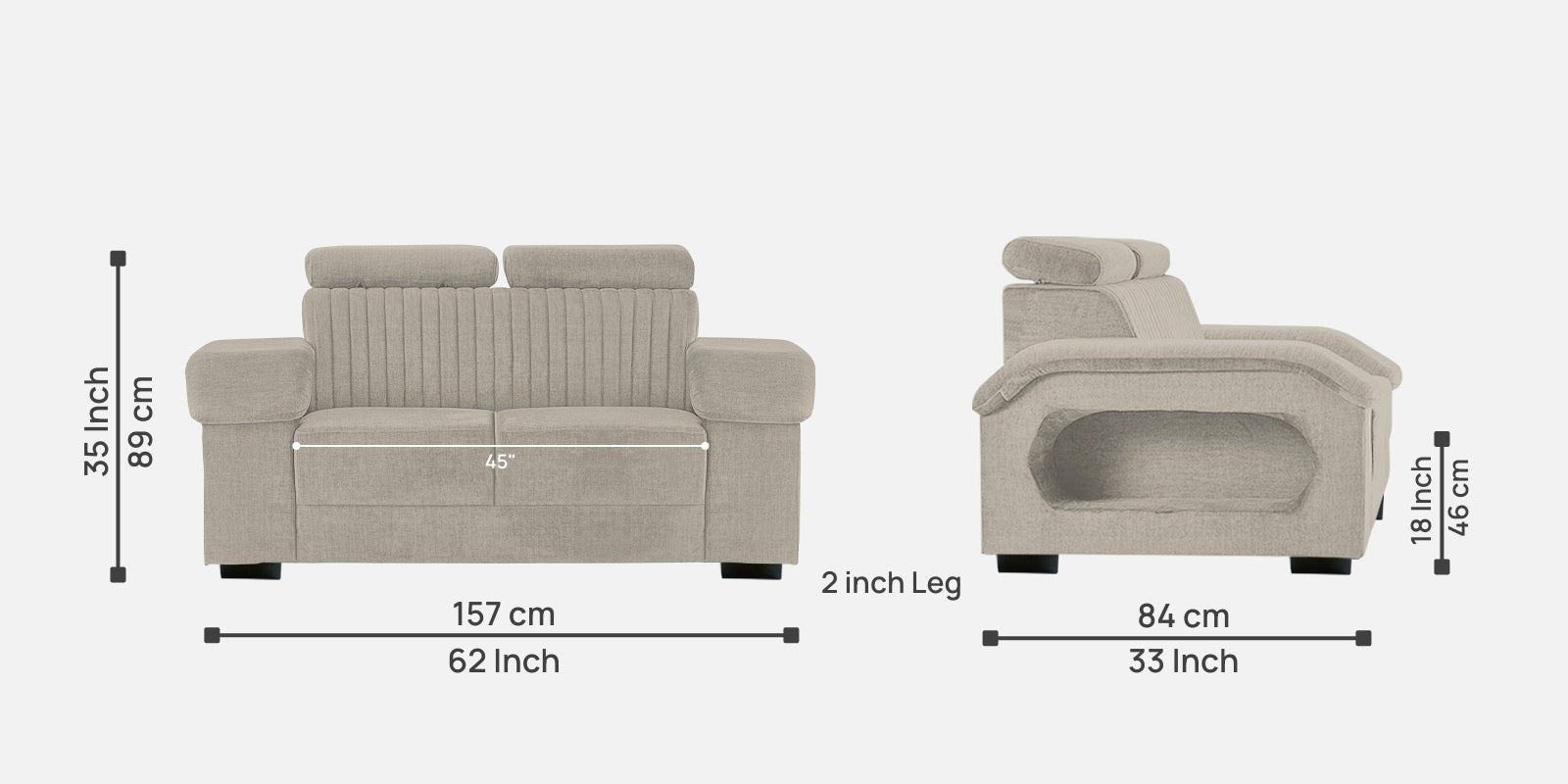 Draco Fabric 2 Seater Sofa In Ash Grey Colour