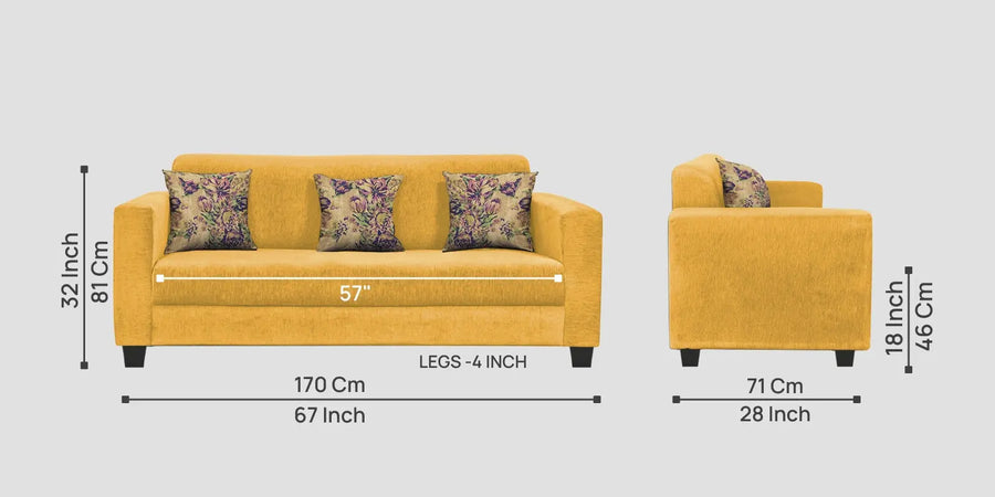 Lipu Fabric 3 Seater Sofa In Bold Yellow Colour - Febonic Living