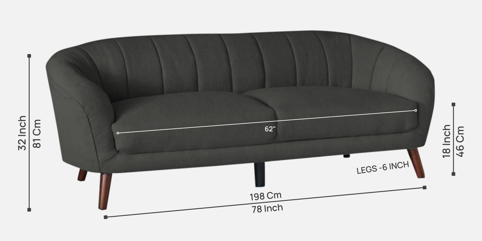 Benjamin Fabric 3 Seater Sofa in Charcoal Grey Colour