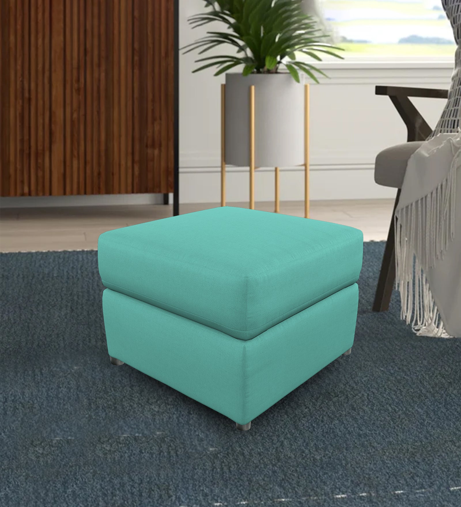 Penny Fabric Storage Ottoman In Aqua Blue Colour