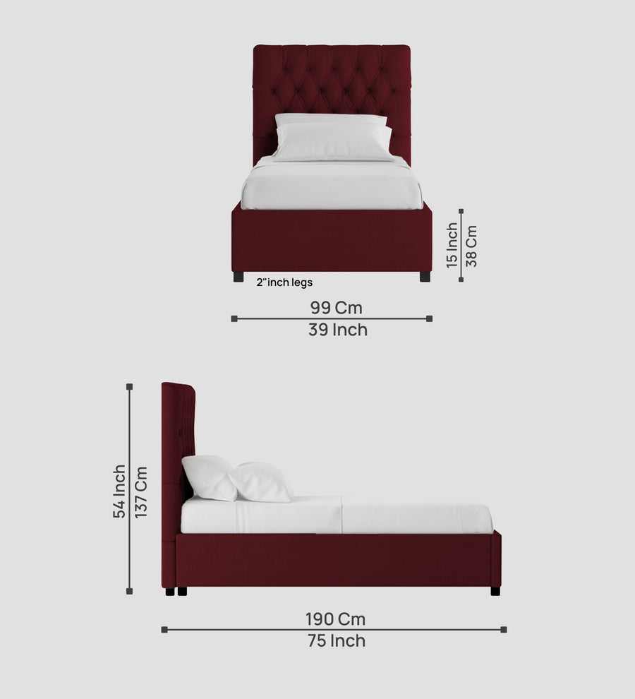 Isko Fabric Upholstered Single Size Bed In Blood Maroon Colour With Box Storage - Febonic Living