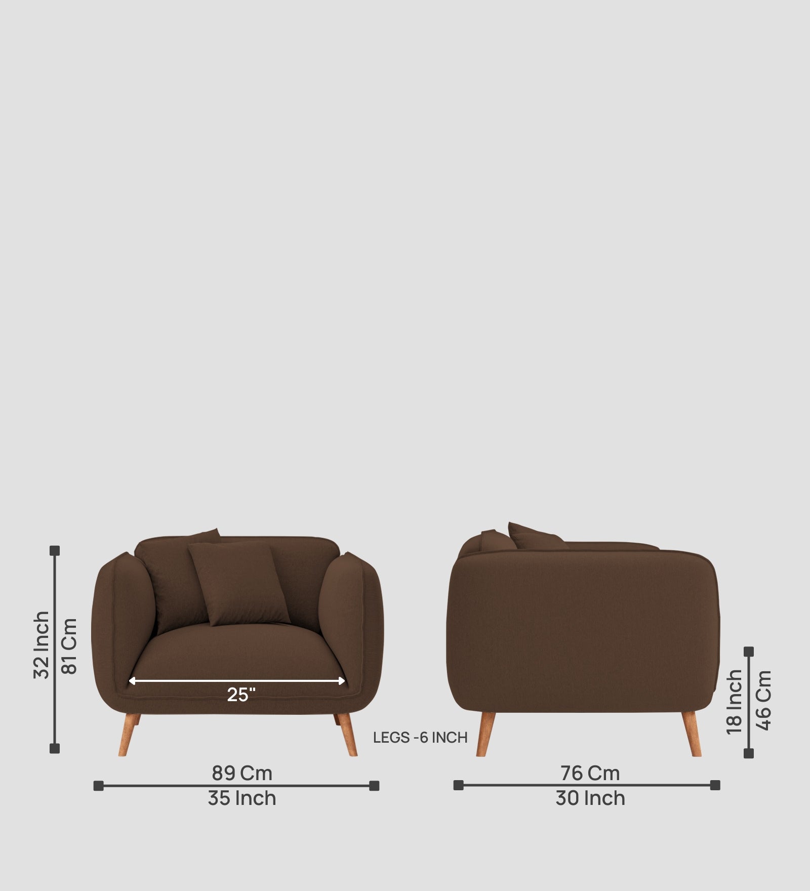 Zia Fabric 1 Seater Sofa In Ash Brown Colour