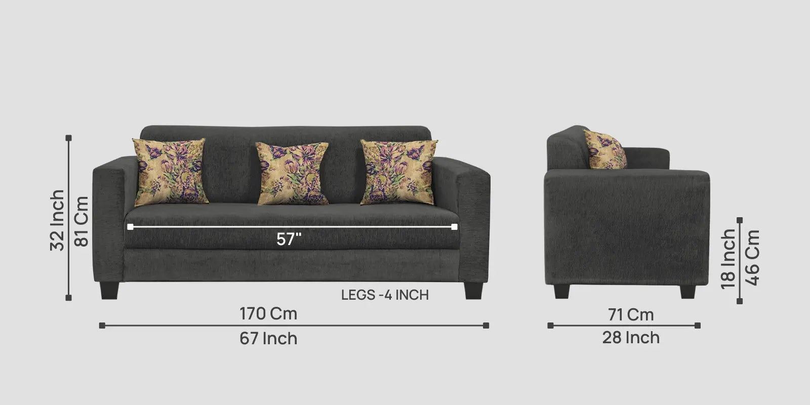 Lipu Fabric 3 Seater Sofa In Charcoal Grey Colour Febonic Living