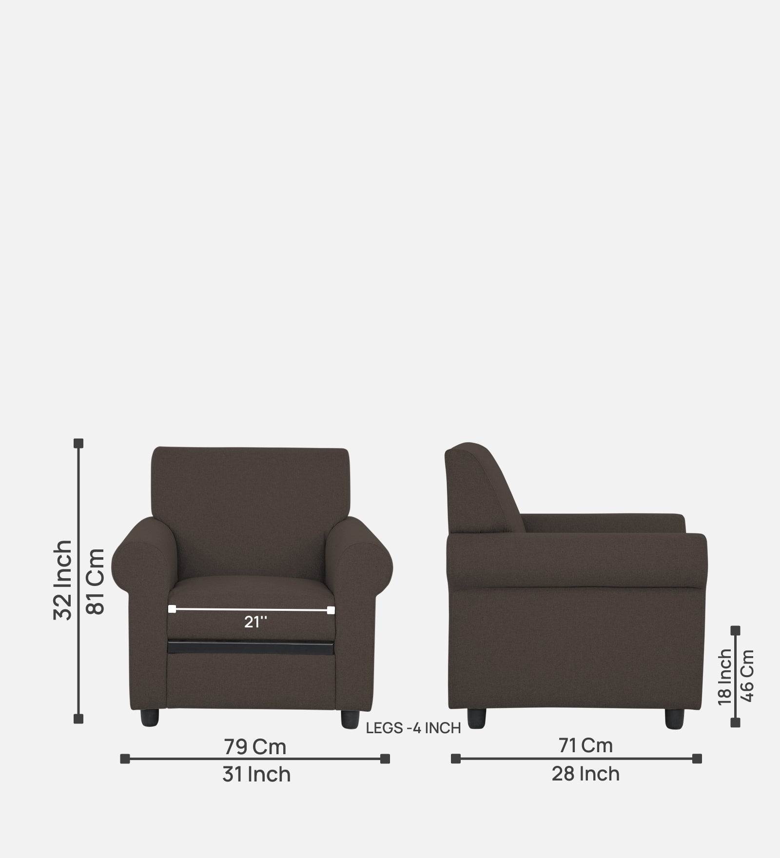 Ribby Fabric 1 Seater Sofa in Caspa Brown Colour