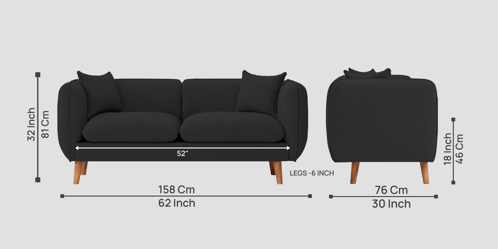 Reva Fabric 2 Seater Sofa In Bitter Black Colour - Febonic Living