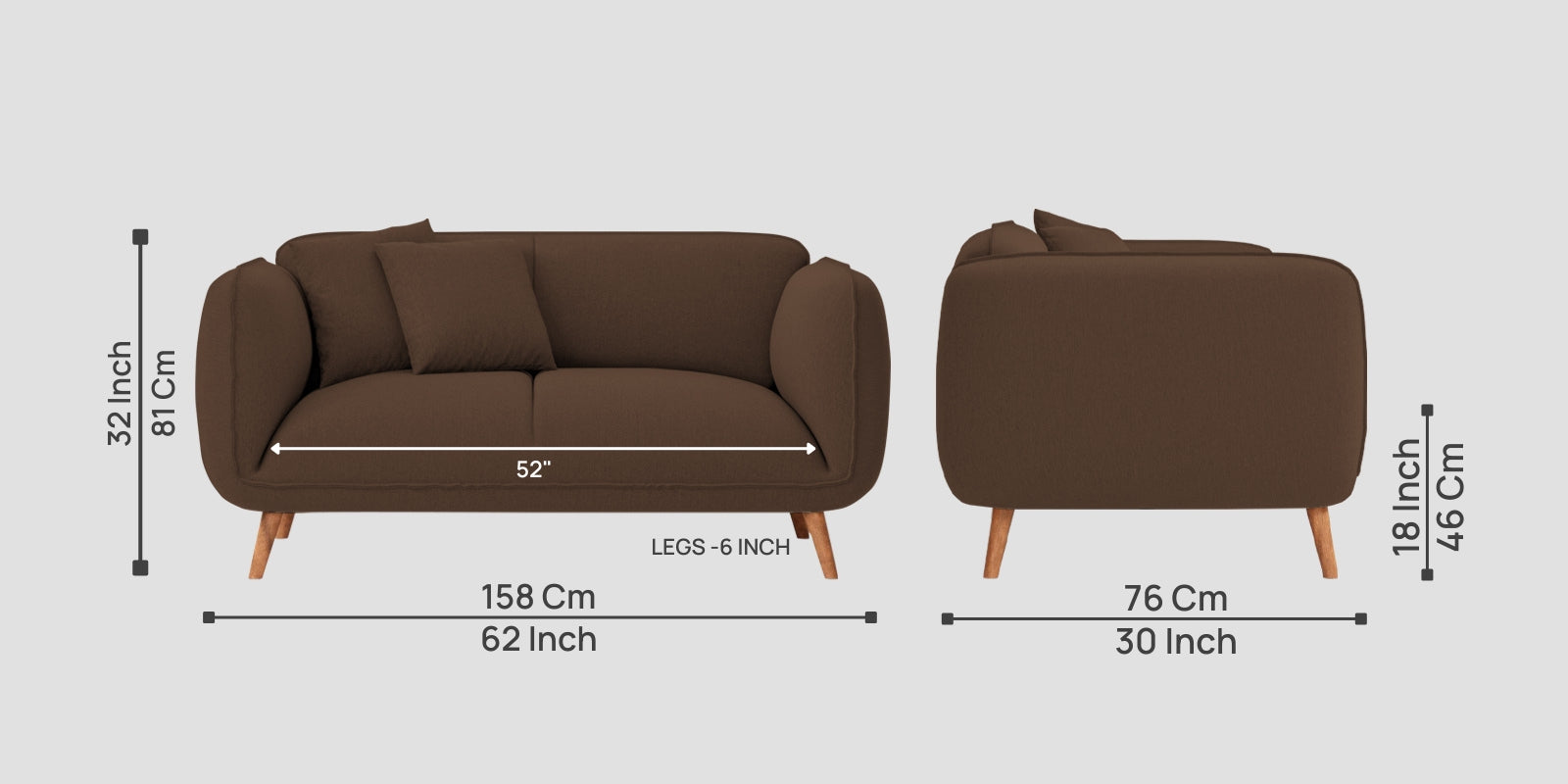 Zia Fabric 2 Seater Sofa In Ash Brown Colour