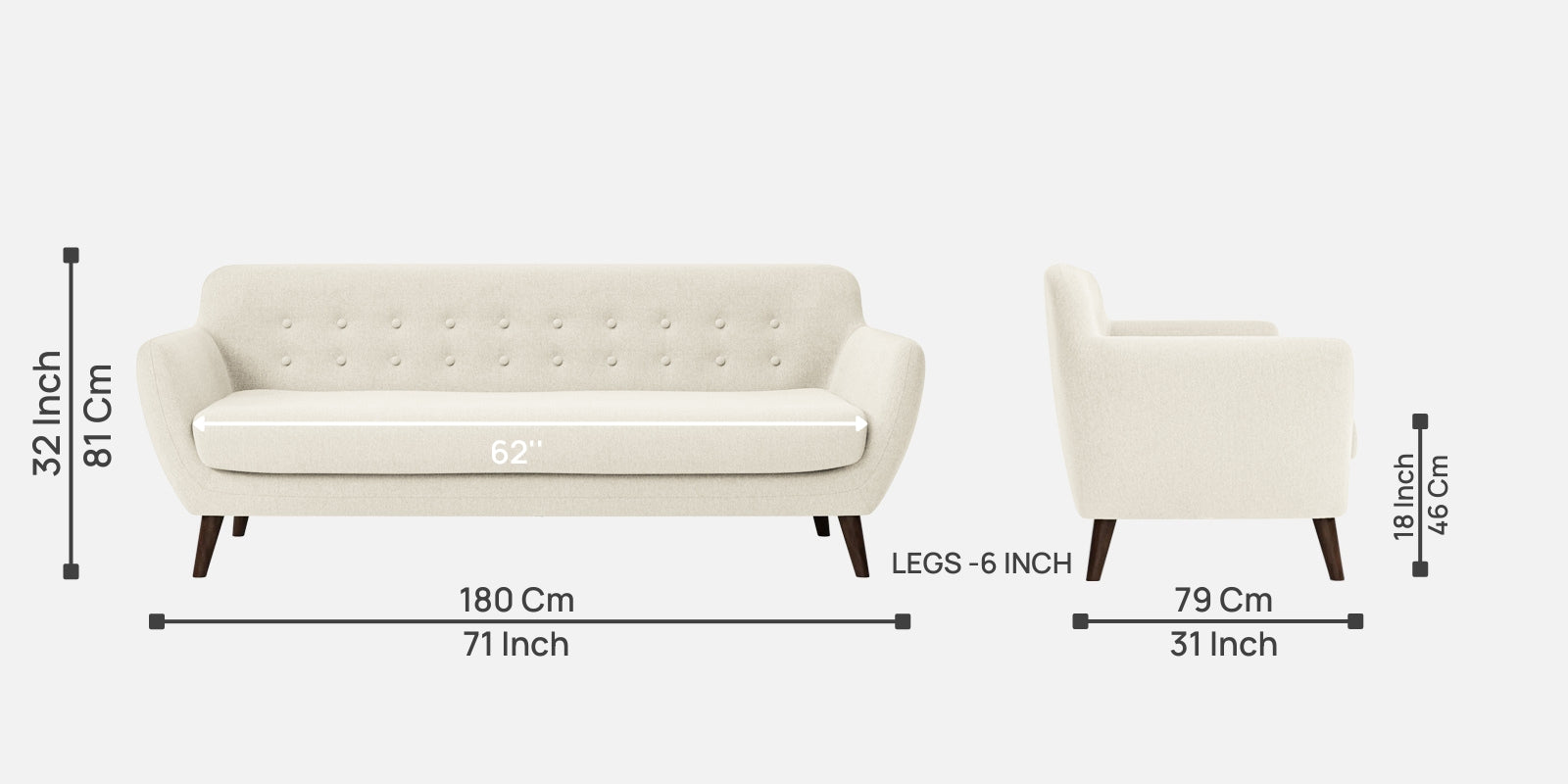 Goofy Fabric 3 Seater Sofa in Ivory Cream Colour