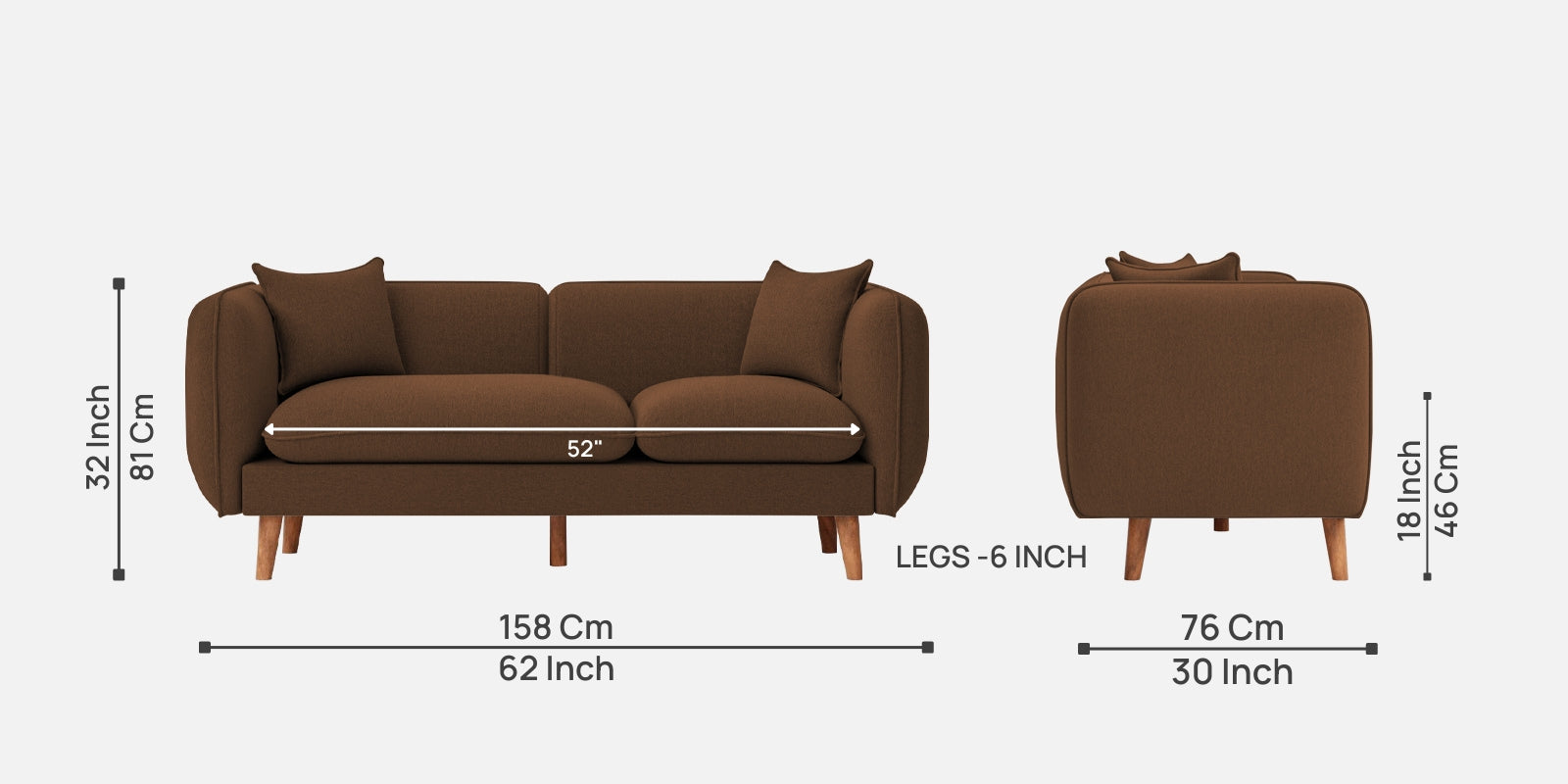 Reva Fabric 2 Seater Sofa In Chestnut Brown Colour