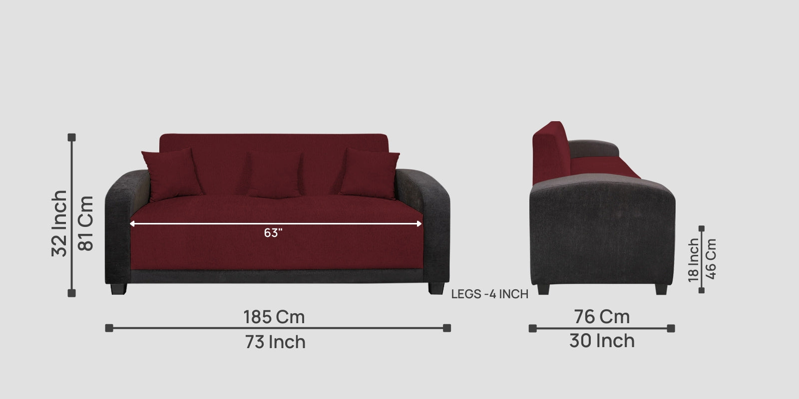 Alex Fabric 3 Seater Sofa In Blood Maroon Colour