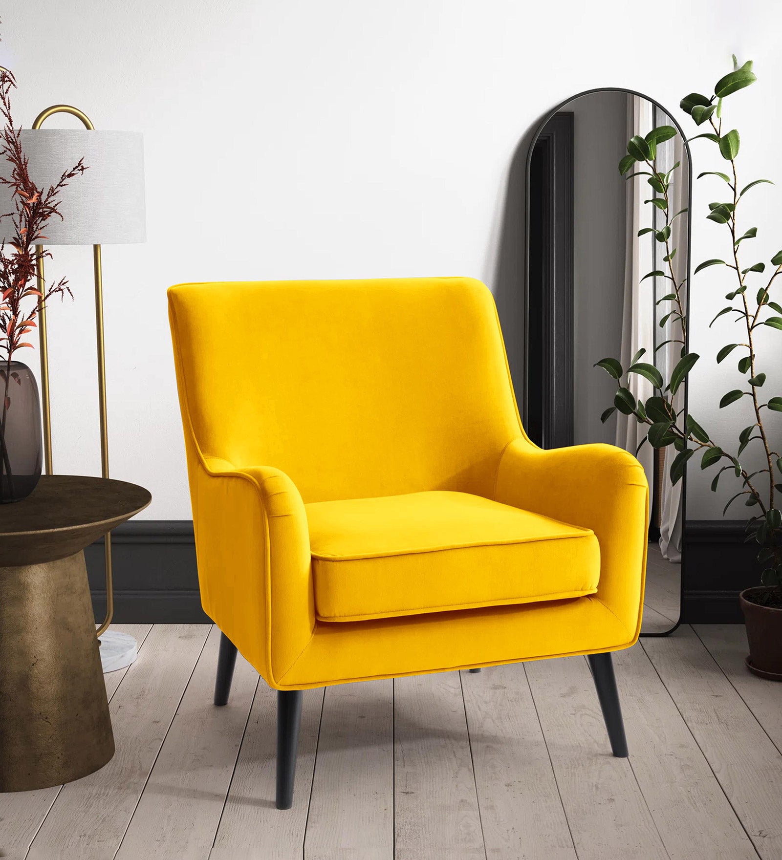 Ame Velvet Upholstered Wingback Chair in Turmeric Yellow Colour