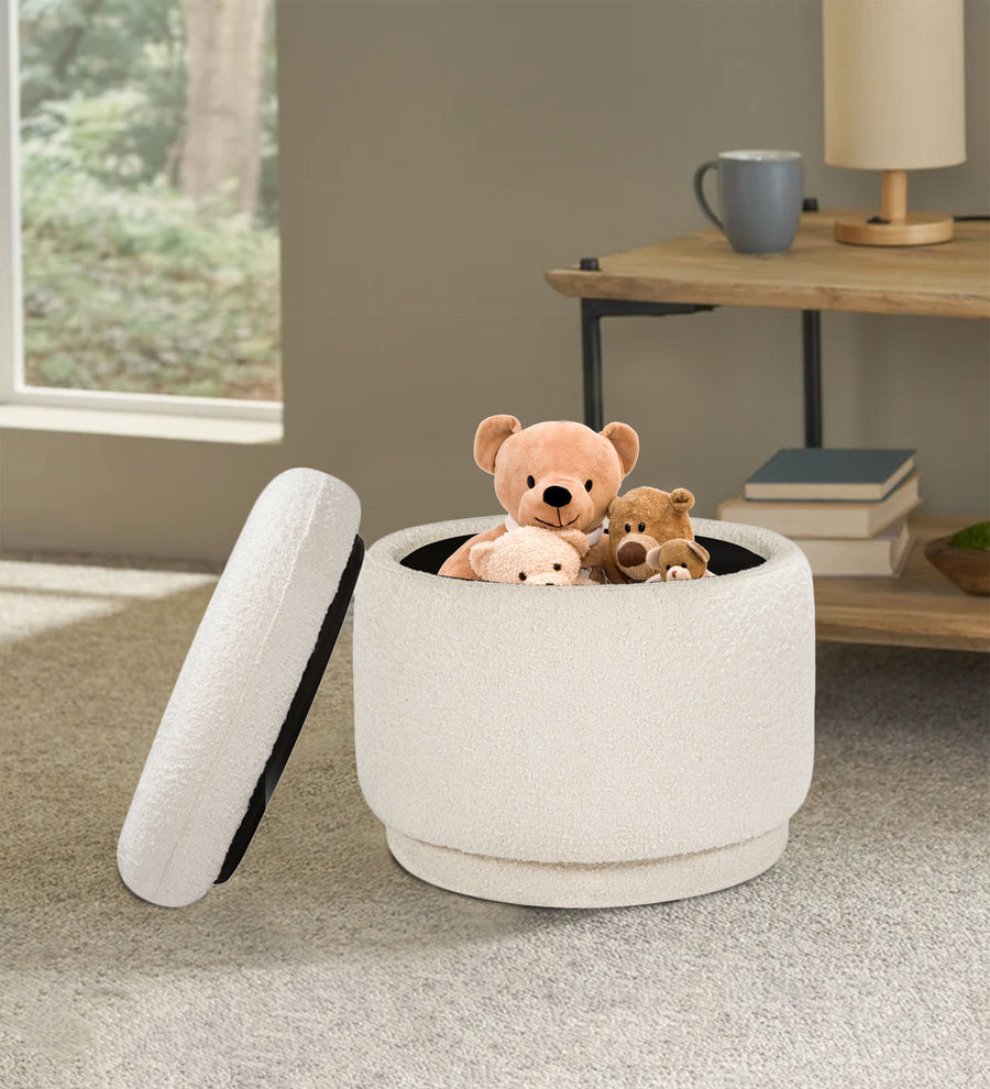 Noki Boucle Fabric Ottoman In Bright White Colour With Storage - Febonic Living
