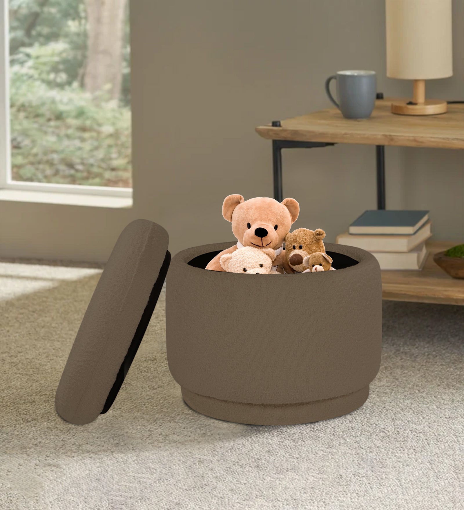 Noki Fur Fabric Storage Ottoman in Caro Beige Colour