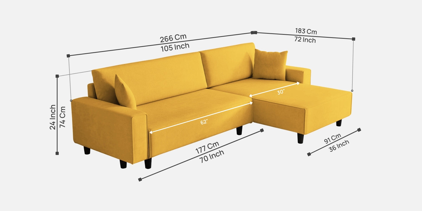 Peach Fabric RHS 6 Seater Sectional Sofa Cum Bed With Storage In Bold Yellow Colour