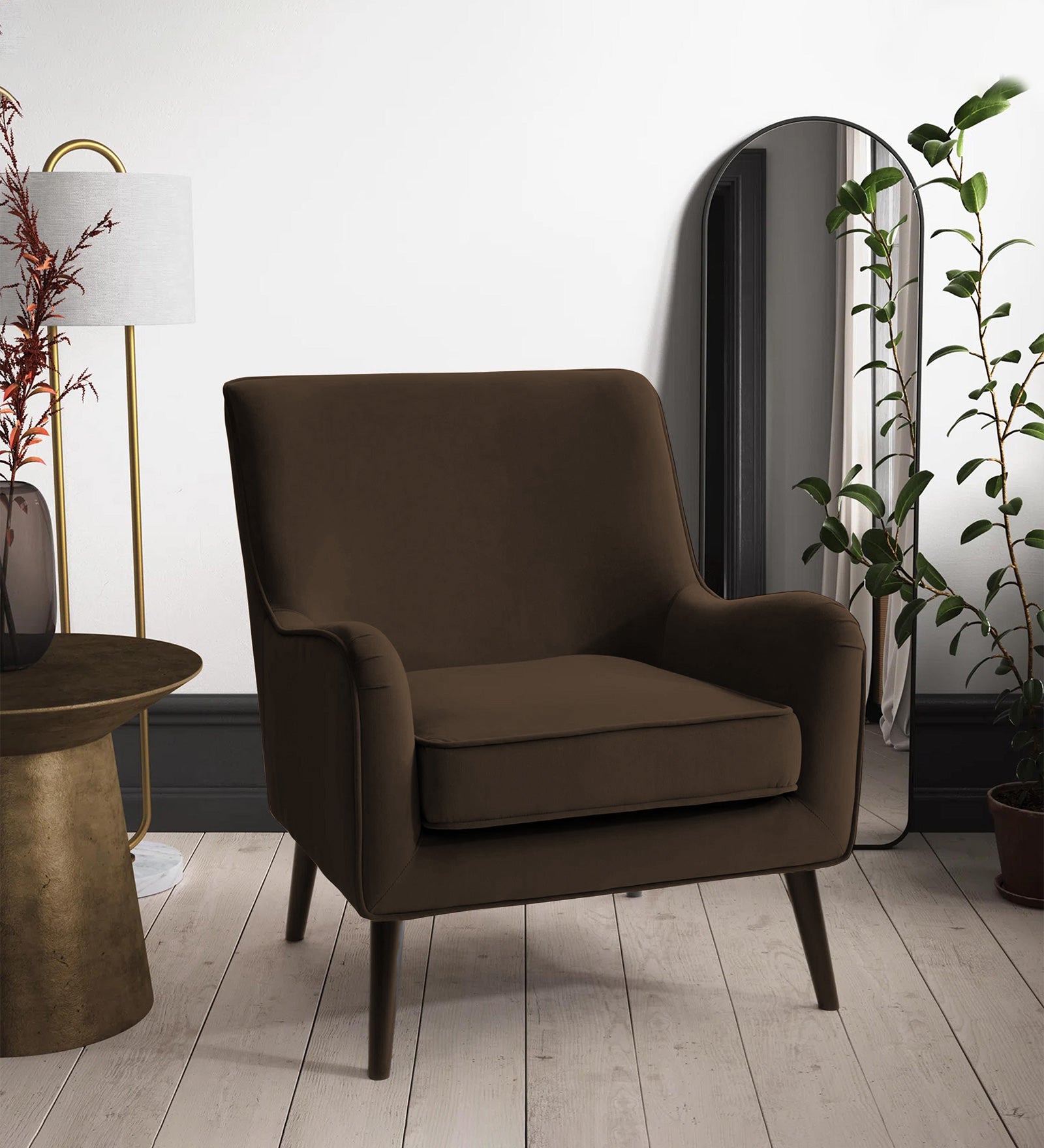 Ame Velvet Upholstered Wingback Chair in Cholocate Brown Colour