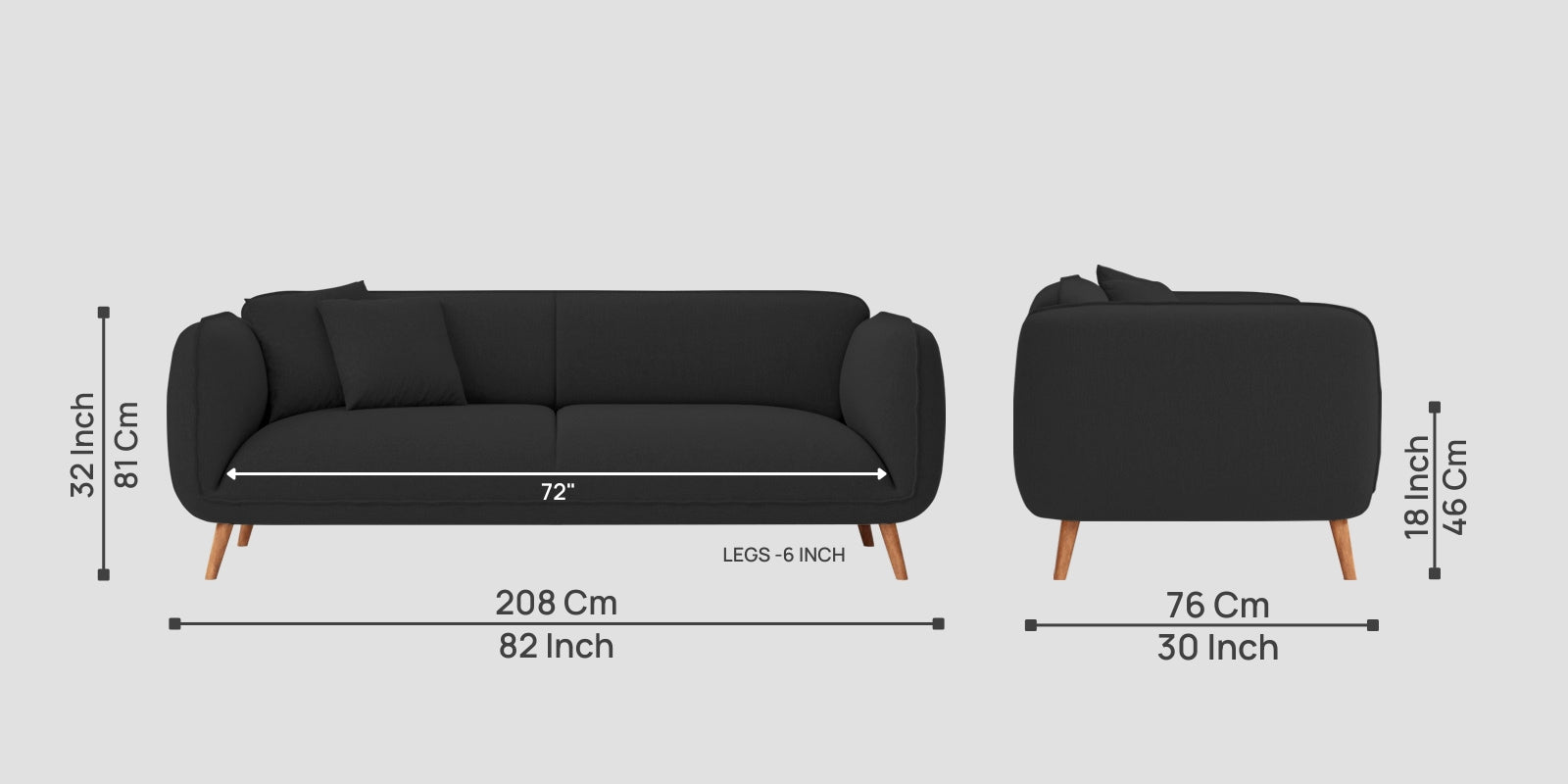 Zia Fabric 3 Seater Sofa In Bitter Black Colour