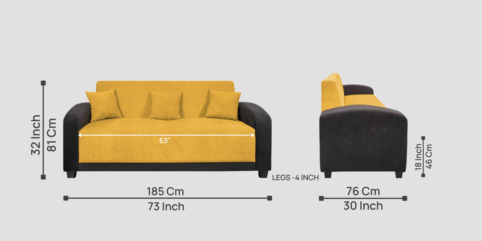 Alex Fabric 3 Seater Sofa In Bold Yellow Colour