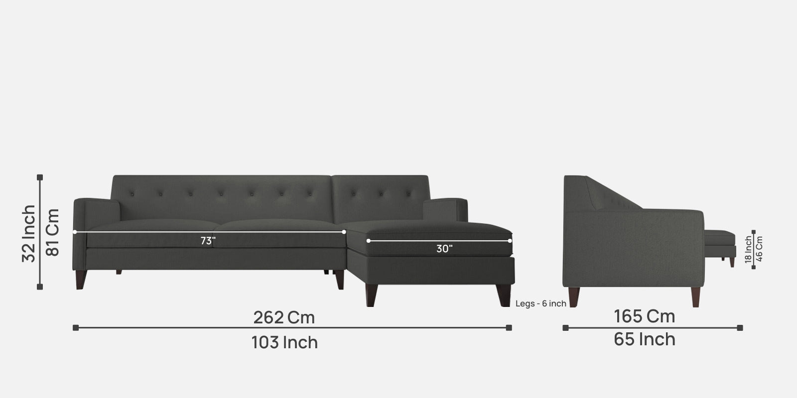 Miller Fabric LHS Sectional Sofa (3+Lounger) in Charcoal Grey Colour