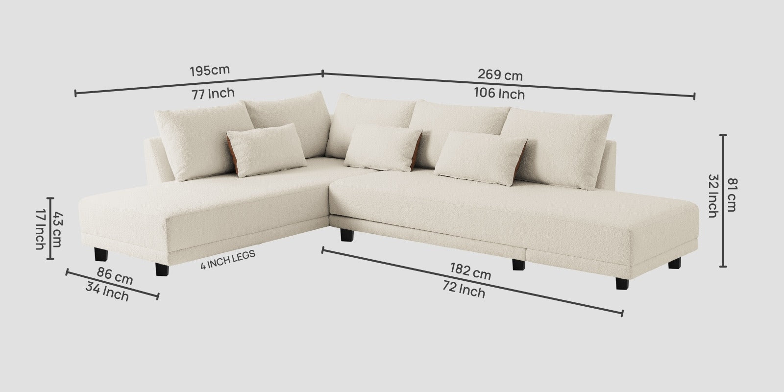 Ira Boucle Fabric RHS 6 Seater Convertible Sofa Cum Bed In Shell White Colour - Febonic Living