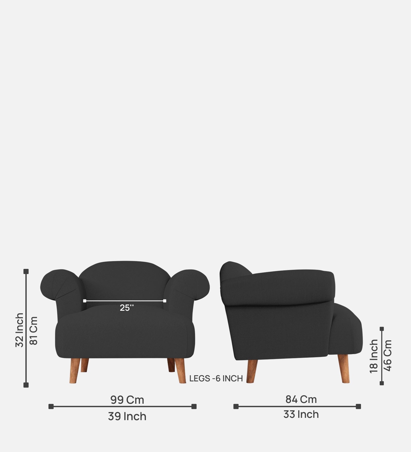 Barber Fabric 1 Seater Sofa in Bitter Black Colour