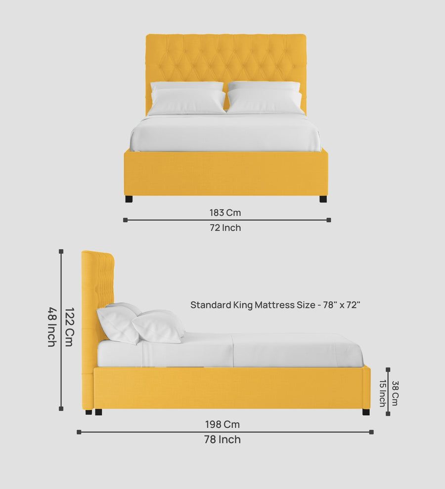 Isko Fabric Upholstered King Size Bed In Bold Yellow Colour With Box Storage - Febonic Living