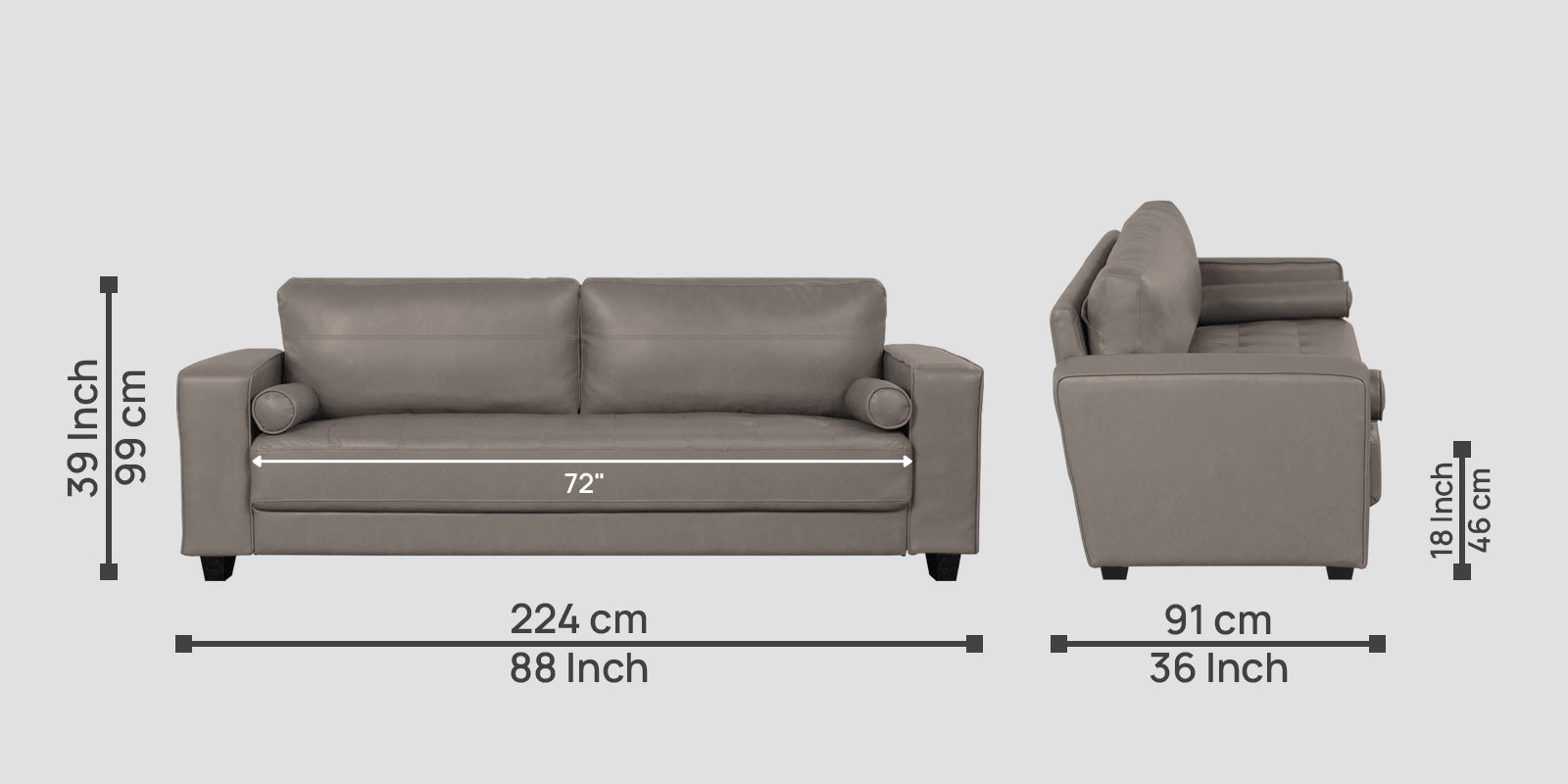 Darwin Leatherette 3 Seater Sofa In Steel Grey Colour - Febonic Living