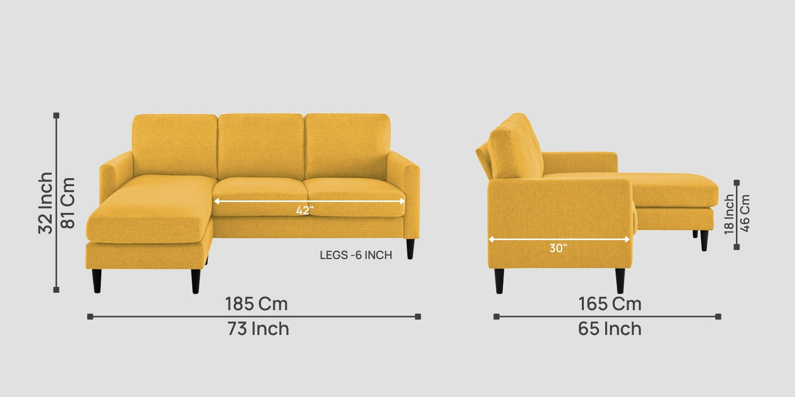 Romie Fabric RHS Sectional Sofa (2+Lounger) In Bold Yellow Colour - Febonic Living