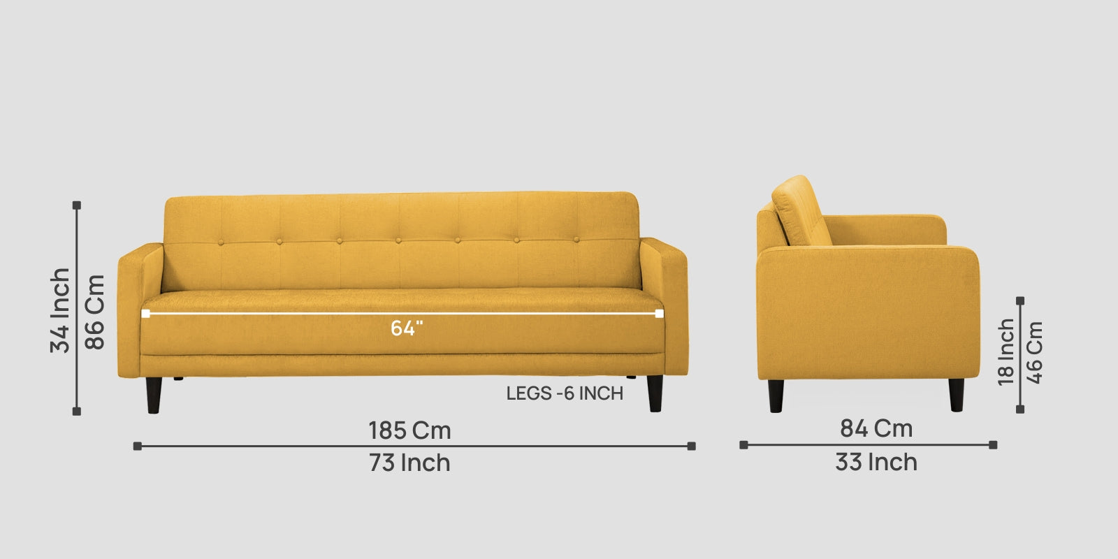 Noha Fabric 3 Seater Sofa In Bold Yellow Colour