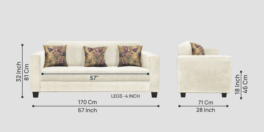 Lipu Fabric 3 Seater Sofa In Ivory Cream Colour - Febonic Living