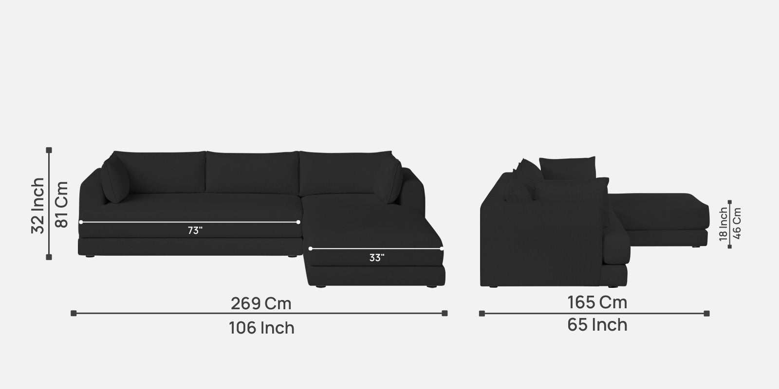 Ziggy Fabric LHS Sectional Sofa (3+Lounger) in Bitter Black Colour