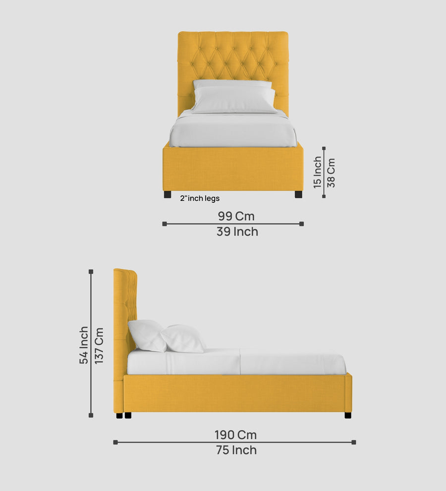 Isko Fabric Upholstered Single Size Bed In Bold Yellow Colour With Box Storage - Febonic Living
