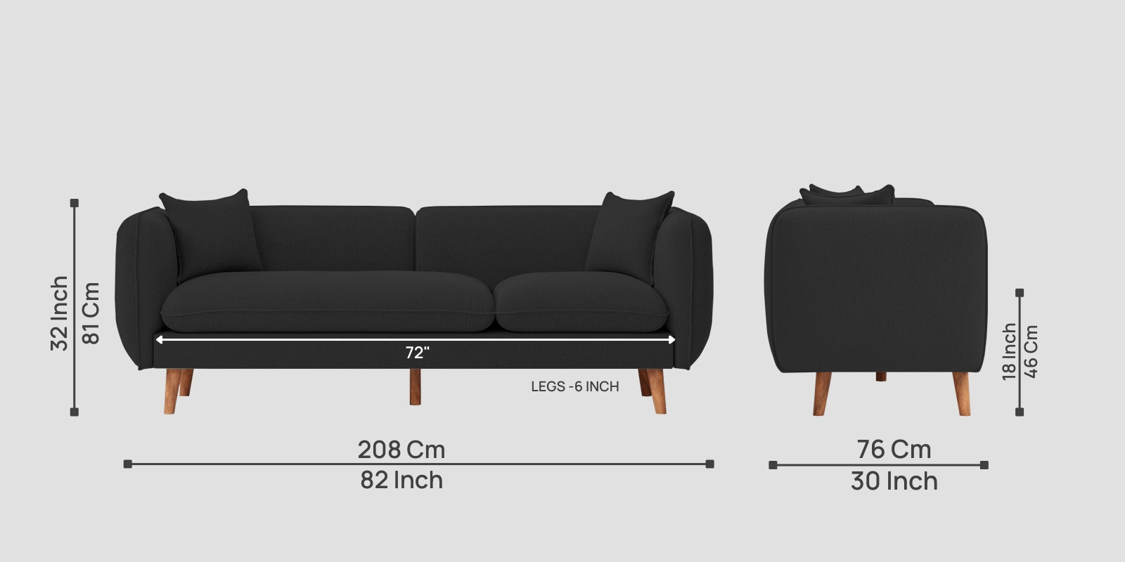 Reva Fabric 3 Seater Sofa In Bitter Black Colour - Febonic Living