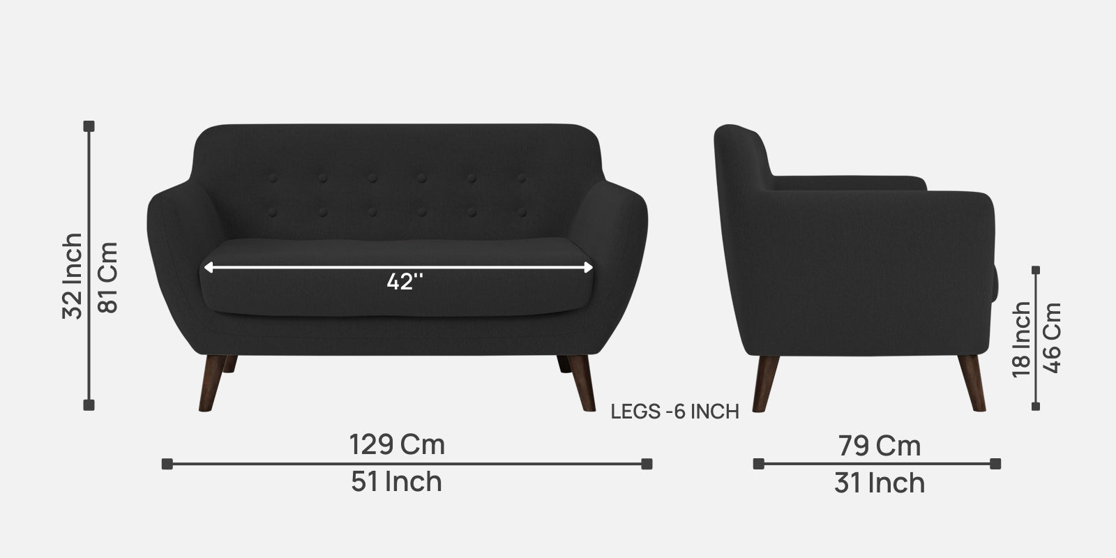 Goofy Fabric 2 Seater Sofa in Bitter Black Colour