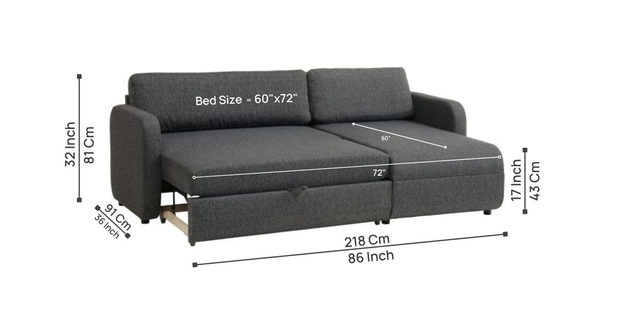 Bison Fabric 3 Seater Sectional With Pull Out Sofa Cum Bed In Charcoal Grey Colour - Febonic Living