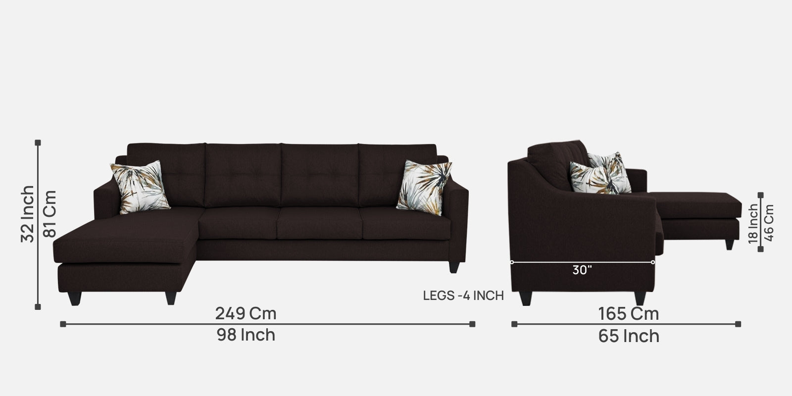 Welly Fabric RHS Sectional Sofa (3+Lounger) In Dark Brown Colour