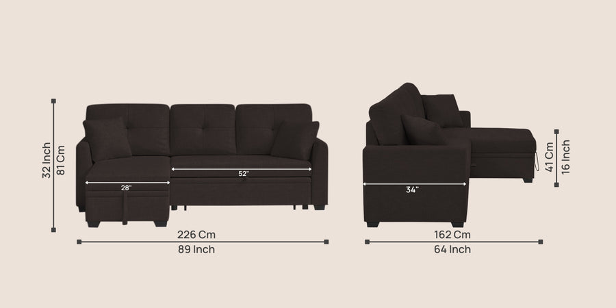 Jody Fabric 3 Seater Pull Out Sofa Cum Bed In Cara Brown Colour With Storage - Febonic Living