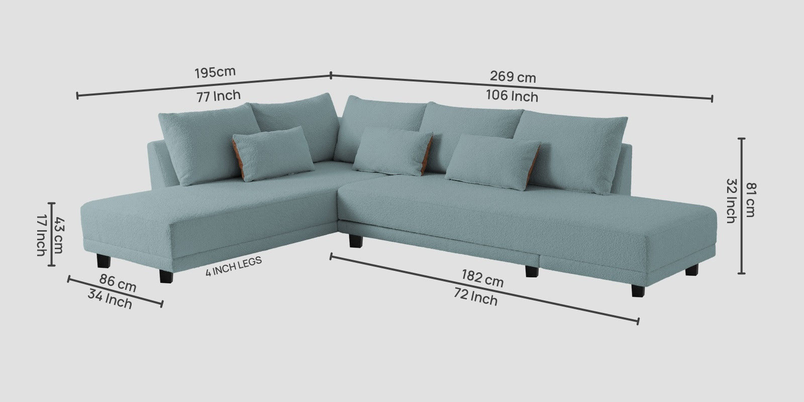 Ira Boucle Fabric RHS 6 Seater Convertible Sofa Cum Bed In Stormy Blue Colour