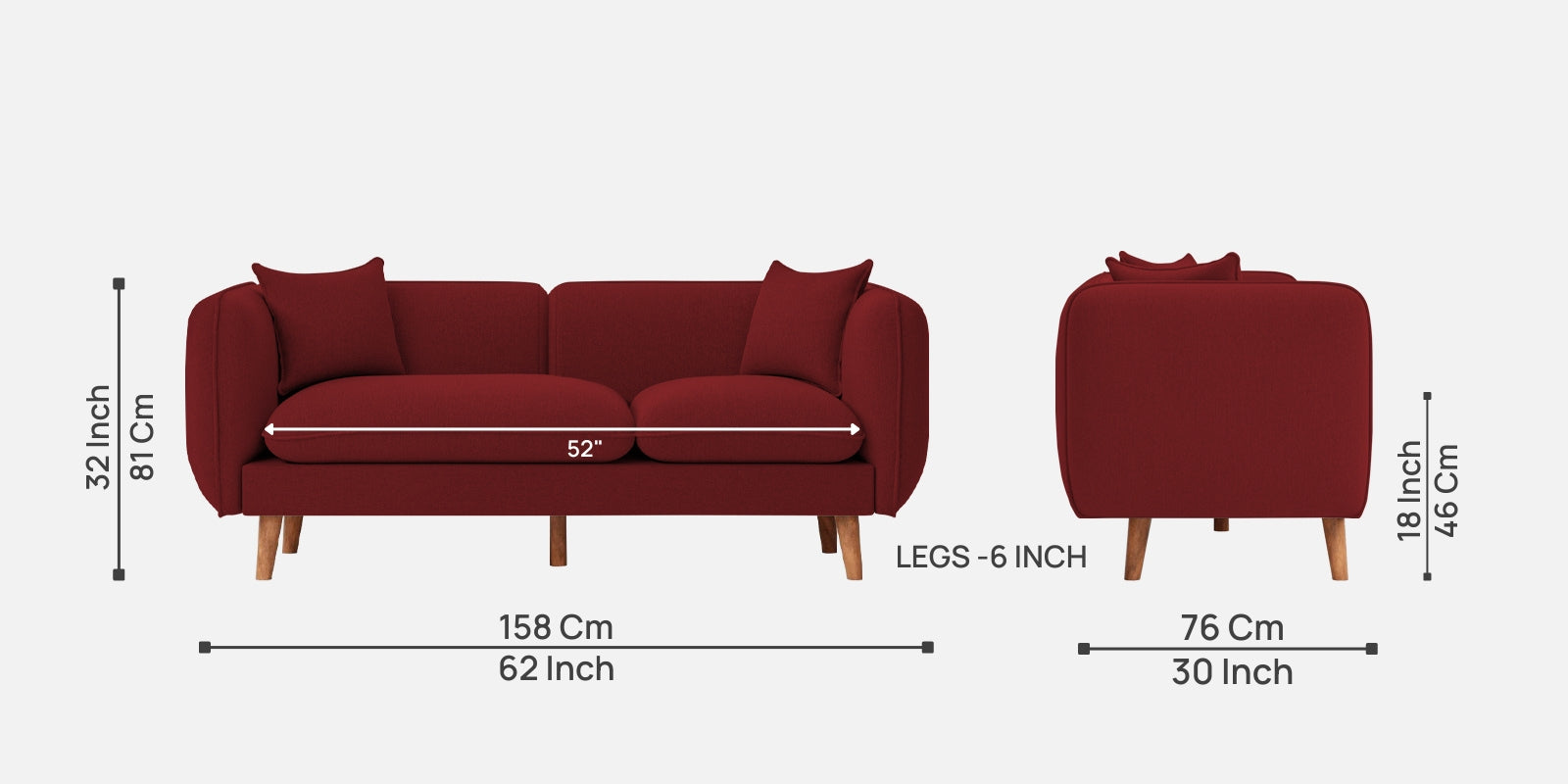 Reva Fabric 2 Seater Sofa In Corel Red Colour