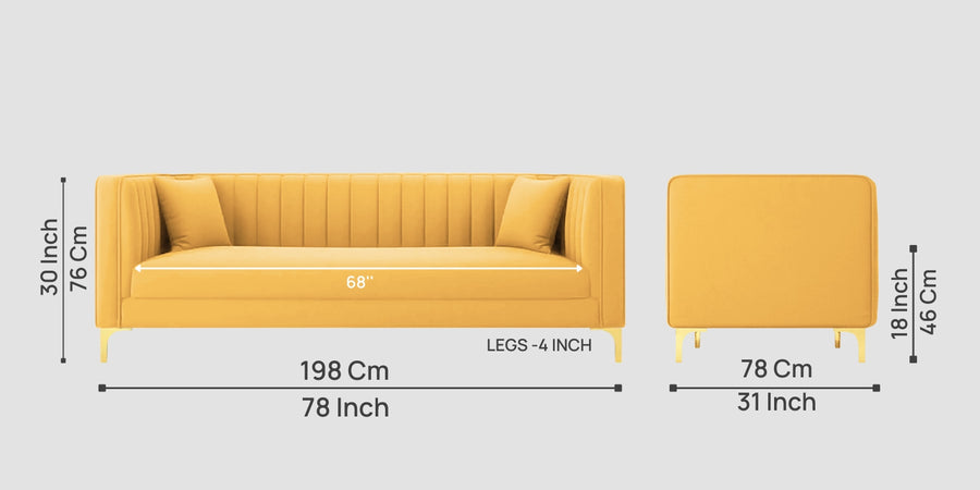 Saban Velvet 3 Seater Sofa In Turmeric Yellow Colour - Febonic Living