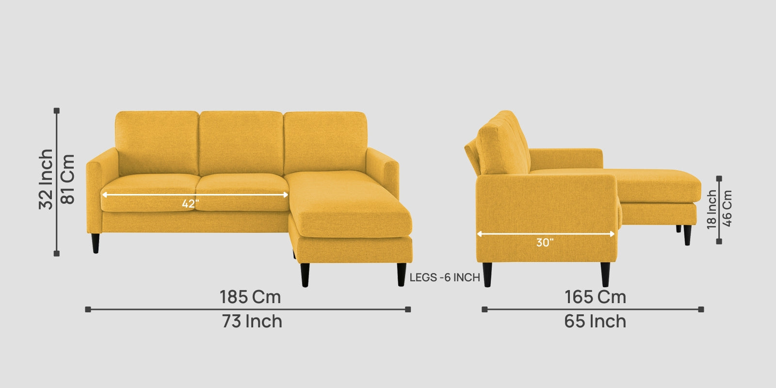 Romie Fabric LHS Sectional Sofa (2+Lounger) In Bold Yellow Colour - Febonic Living