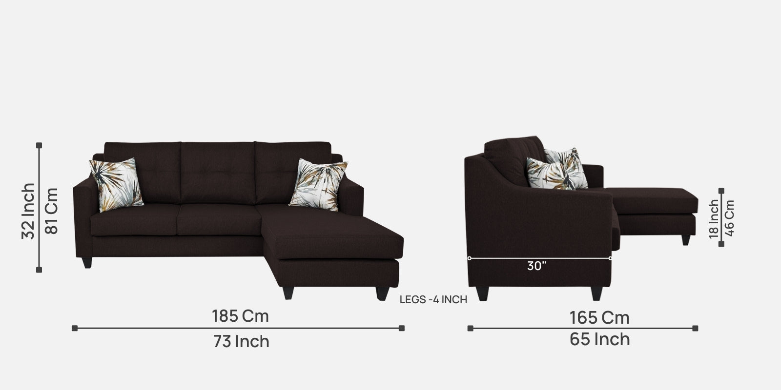 Welly Fabric LHS Sectional Sofa  (2+Lounger) In Dark Brown Colour