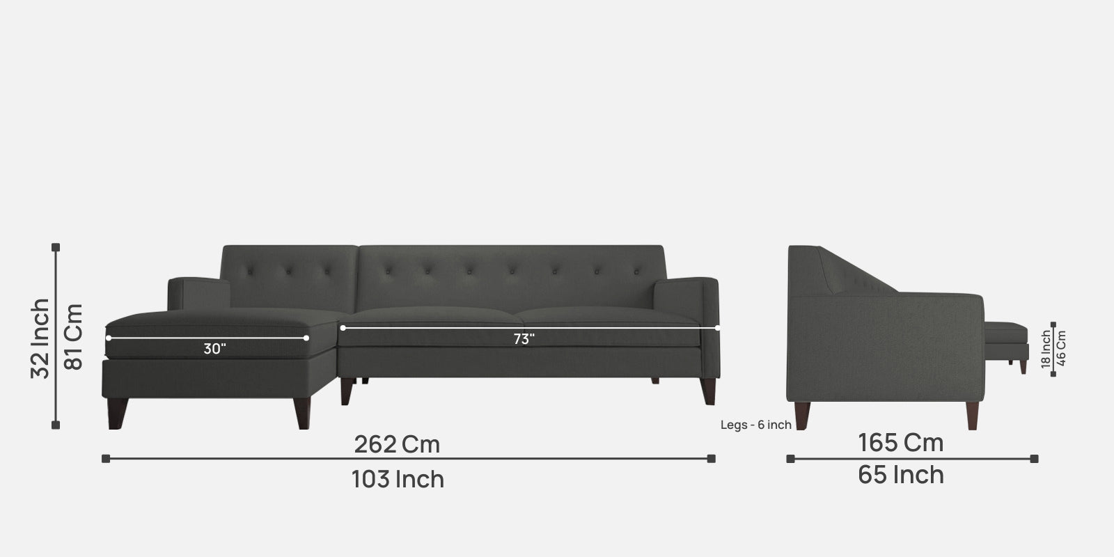 Miller Fabric RHS Sectional Sofa (3+Lounger) in Charcoal Grey Colour