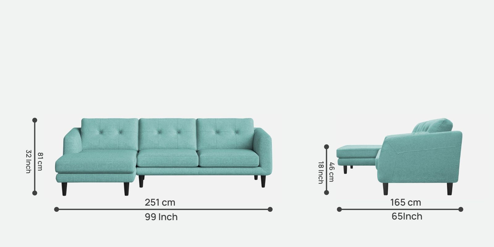 Natasha Velvet RHS Sectional Sofa (3+Lounger) in Barmunda Aqua Colour