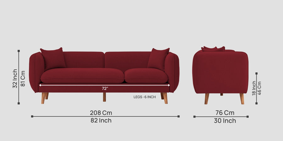 Reva Fabric 3 Seater Sofa In Chilli Red Colour - Febonic Living