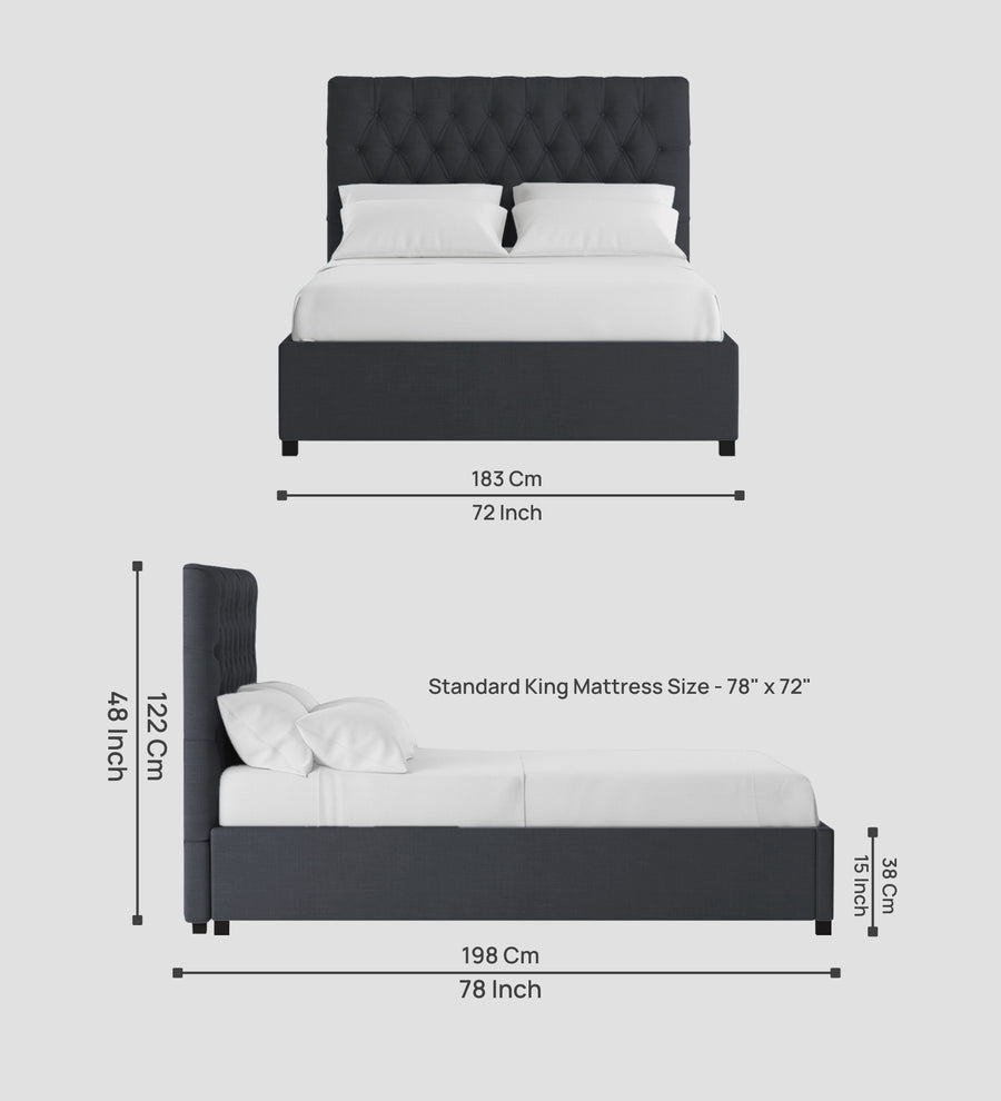 Isko Fabric Upholstered King Size Bed In Charcoal Grey Colour With Box Storage - Febonic Living